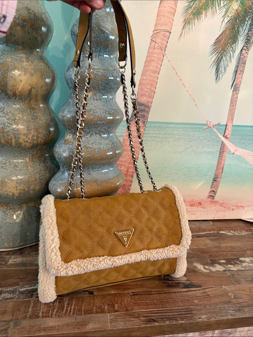 GUESS Mustard Quilted Shoulder Bag with Shearling Trim so cute